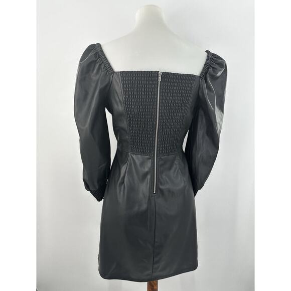 7 For All Mankind Black Faux Leather Puff Sleeve Smocked Mini Dress Sz M NWT - Picture 5 of 7